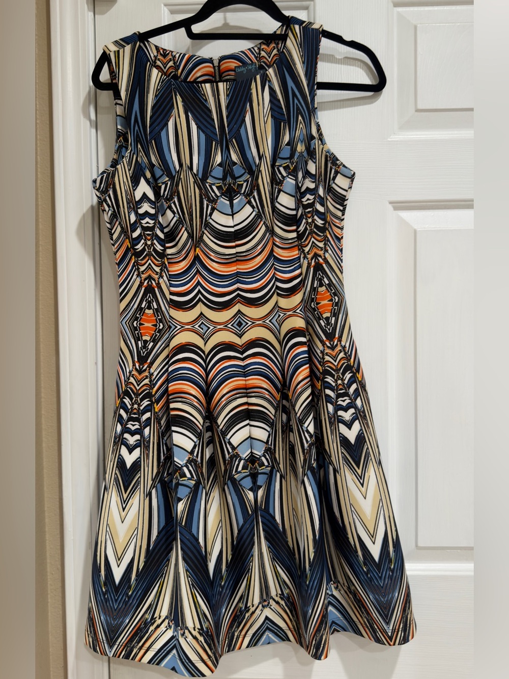 Gabby Skye Sleeveless Geometric Print Dress in Blue, Cream & Orange